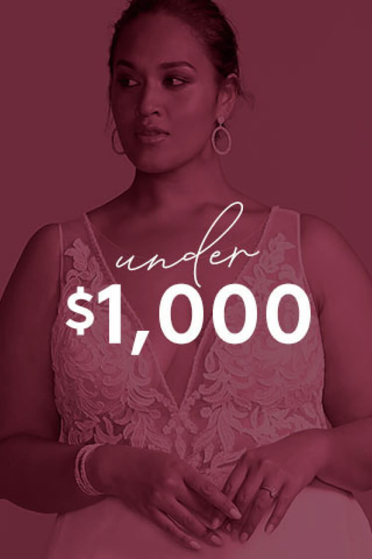 red image of bride in wedding dress with under $1,000 text overlay